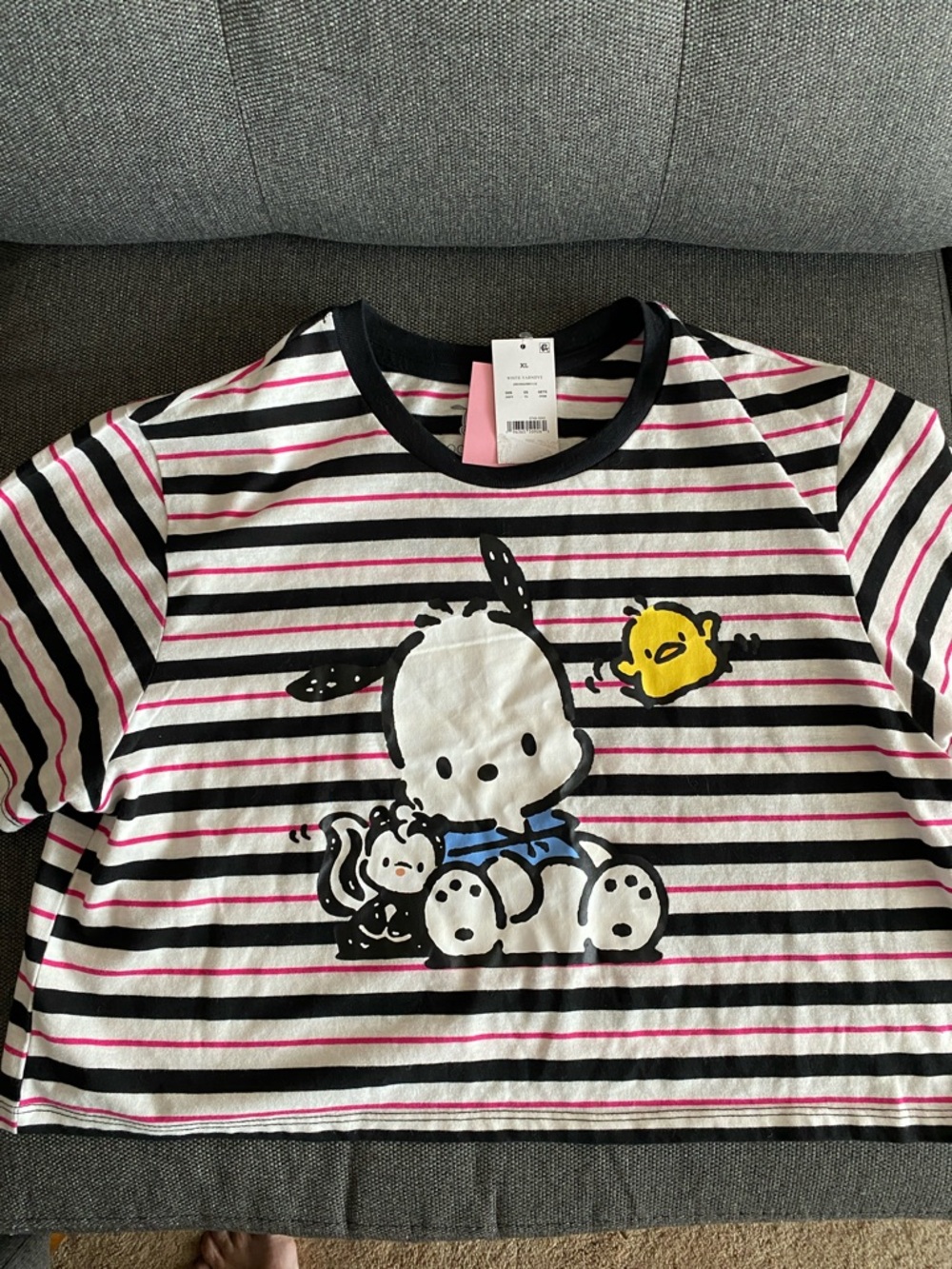 Striped Black & White Cropped Tee with Cartoon Graphic